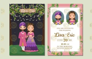 Indian Wedding Invitation Card Featuring A Cartoon Couple In Traditional Attire, Surrounded By Decorative Floral Elements